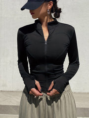 Women's Slim Fit Long Sleeve Mock Neck Zipper Top for Spring and Fall