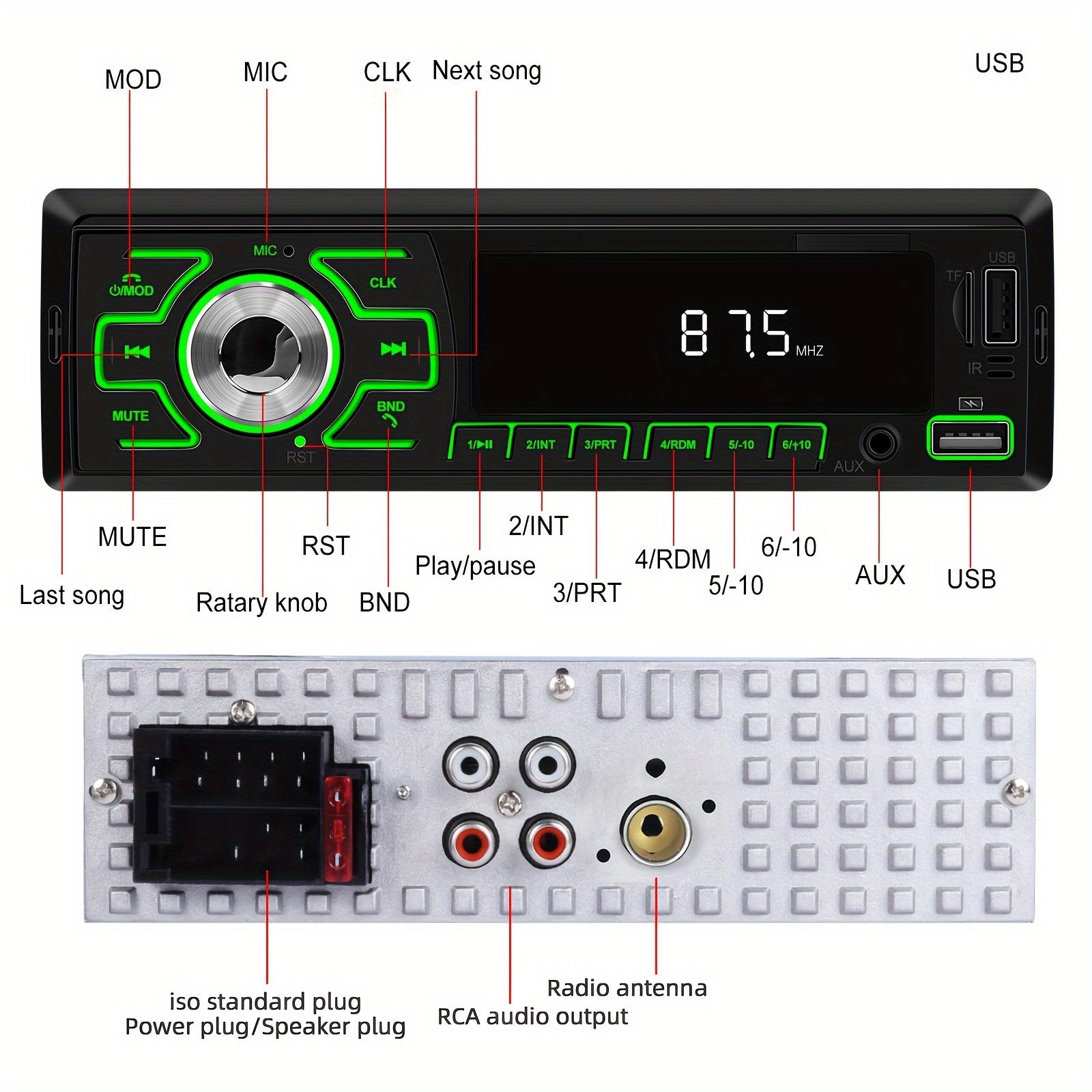 Автомобильное радио с дисплеем, MP3-плеер, USB, SD, AUX, яркая подсветка