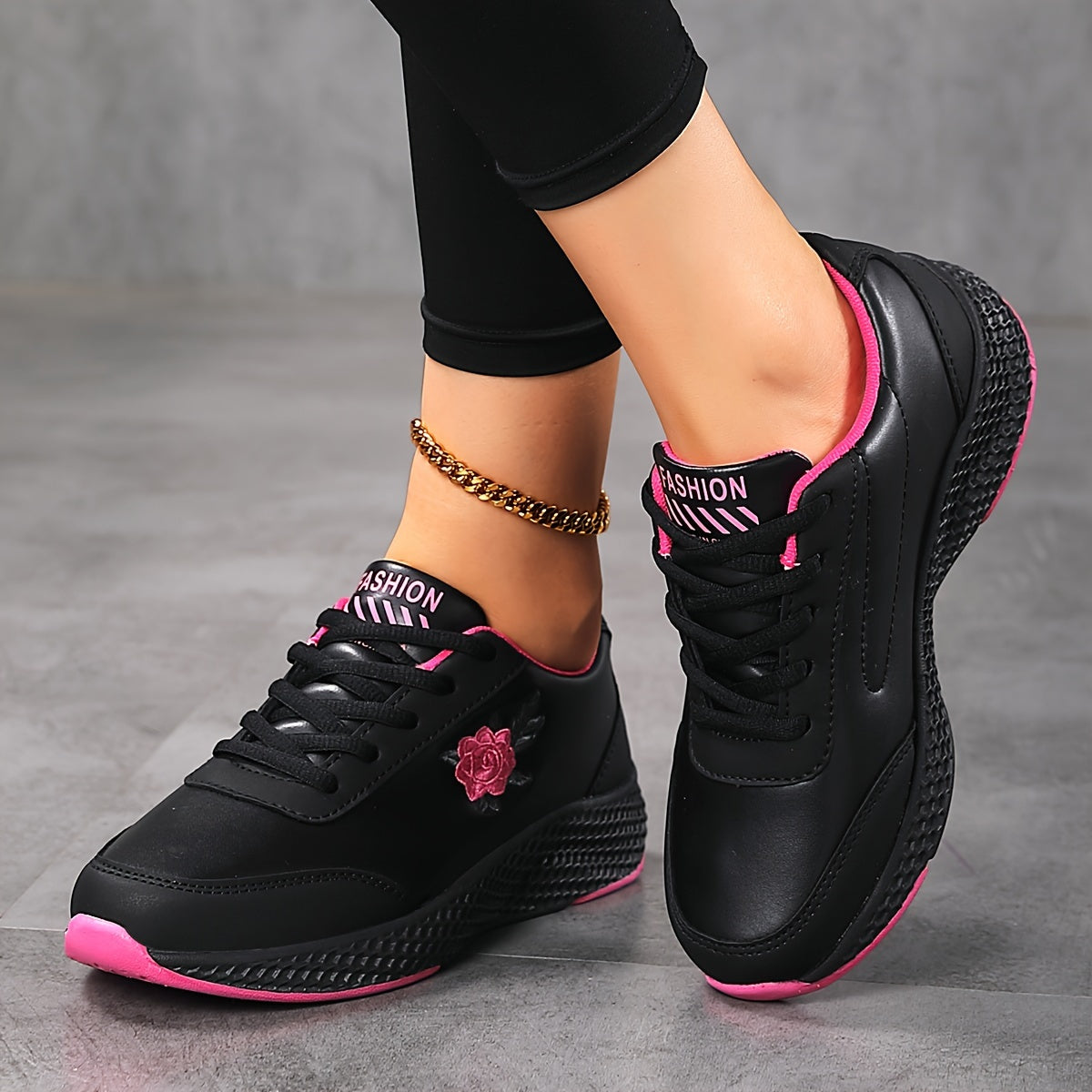 Women Flat Sneakers Breathable Lace-Up Casual Walking Shoes with Floral Pattern
