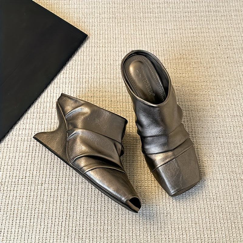 Women's Square Toe Mule Shoes Synthetic Slip-On Loafers Chunky Heel Brown