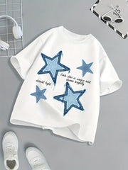 Kids Girls Black and White Star Print Crew Neck T-Shirt Summer Athleisure