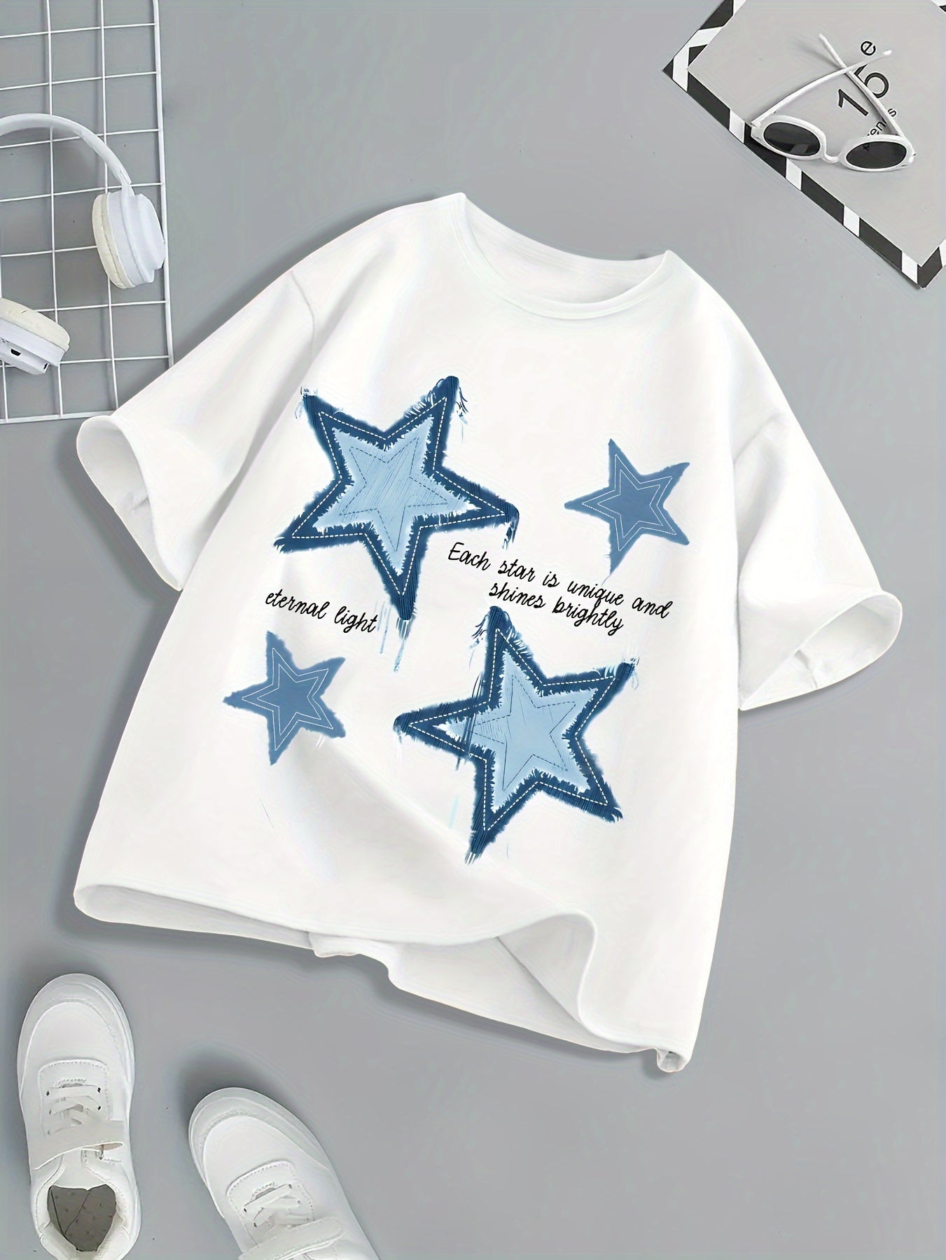 Kids Girls Black and White Star Print Crew Neck T-Shirt Summer Athleisure