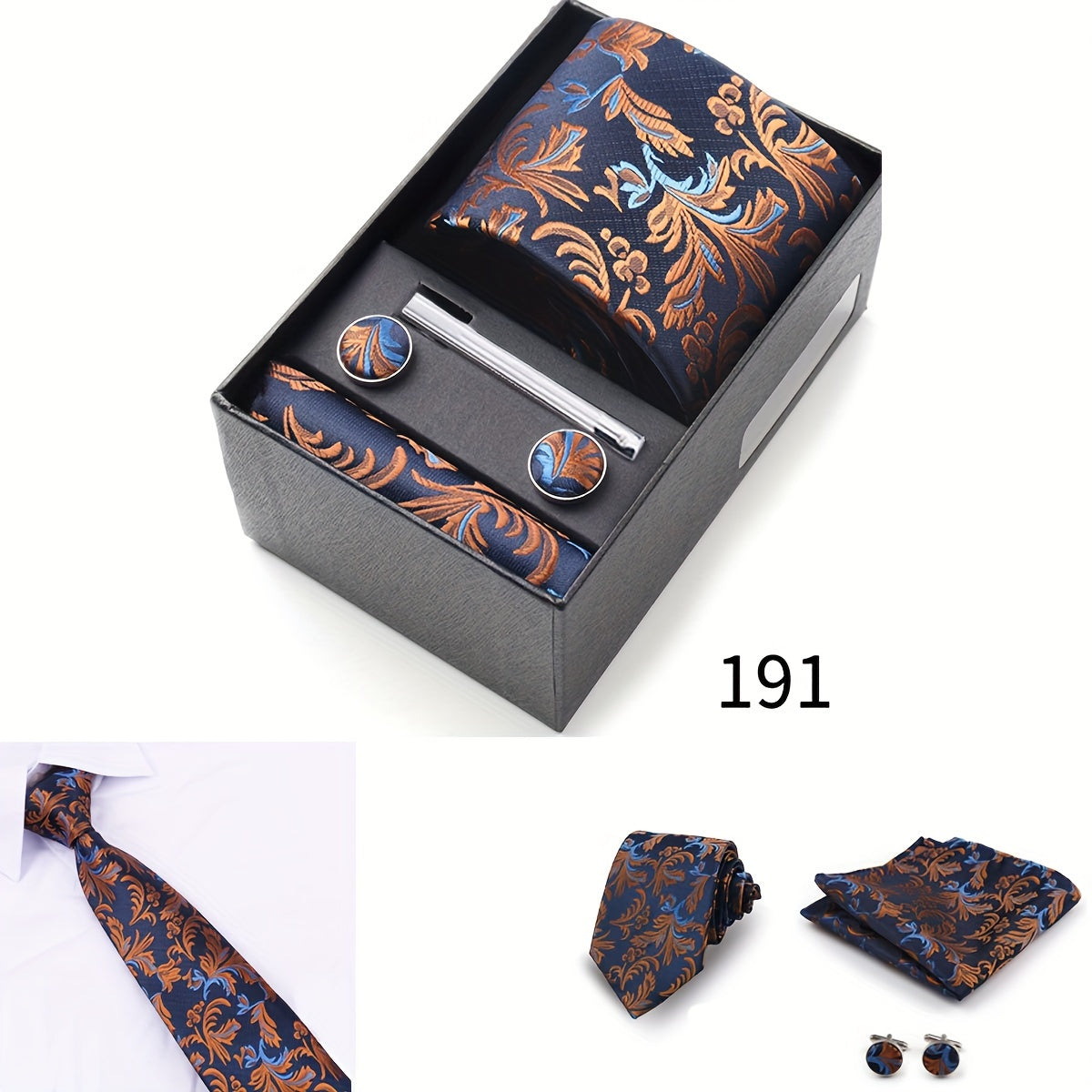 Men's Gift Set with Tie, Pocket Square, Tie Clip and Cufflinks for Weddings