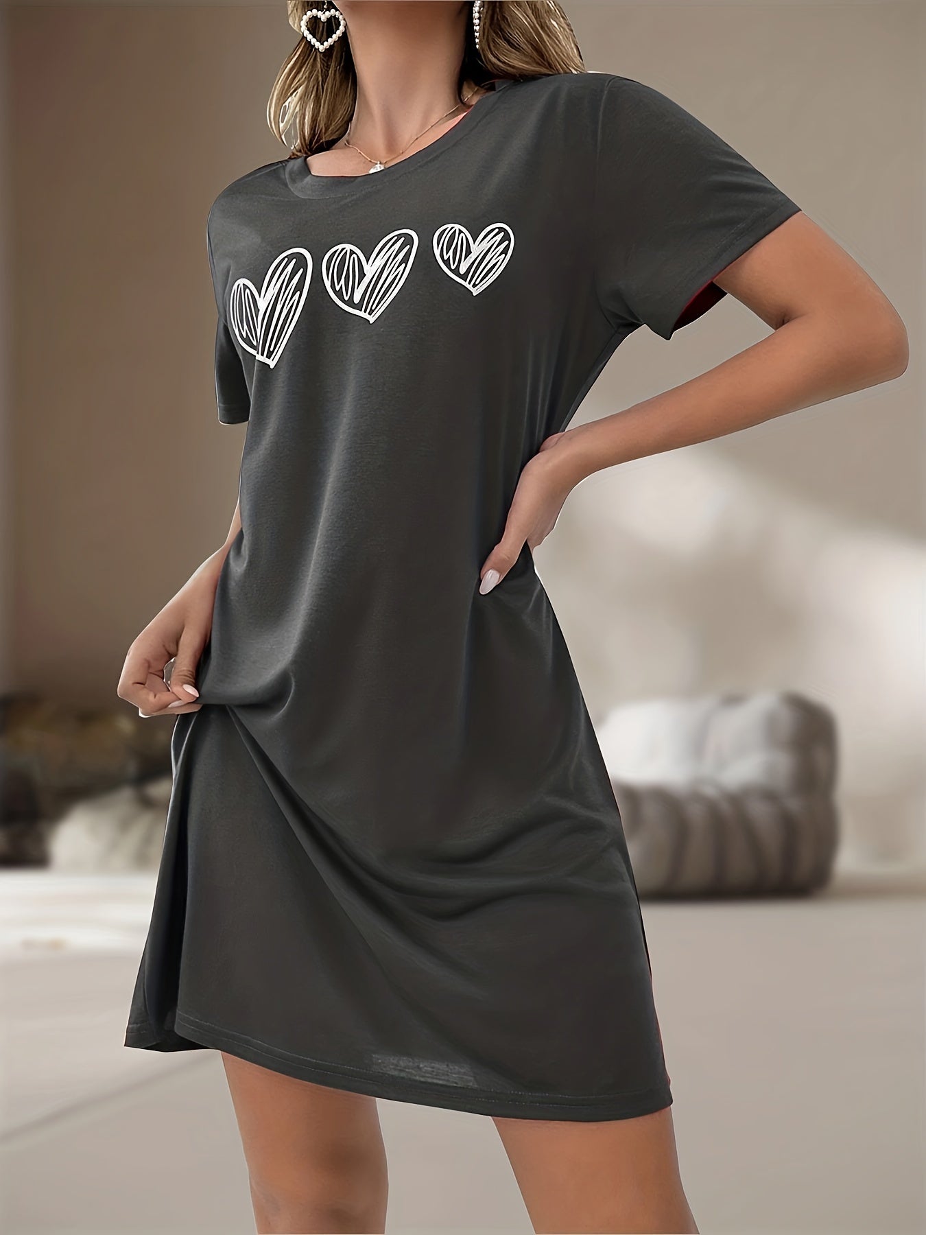 Women's Heart Pattern Sleep Dress Soft Stretchy Short Sleeve Nightgown