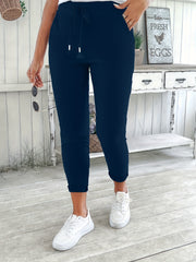 Women's Navy Blue Drawstring Jogger Pants Made of Stretchy Polyester with Pockets