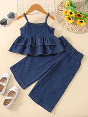 Girls Denim Cami Top and Wide Leg Jeans Set for Summer Outdoor Activities