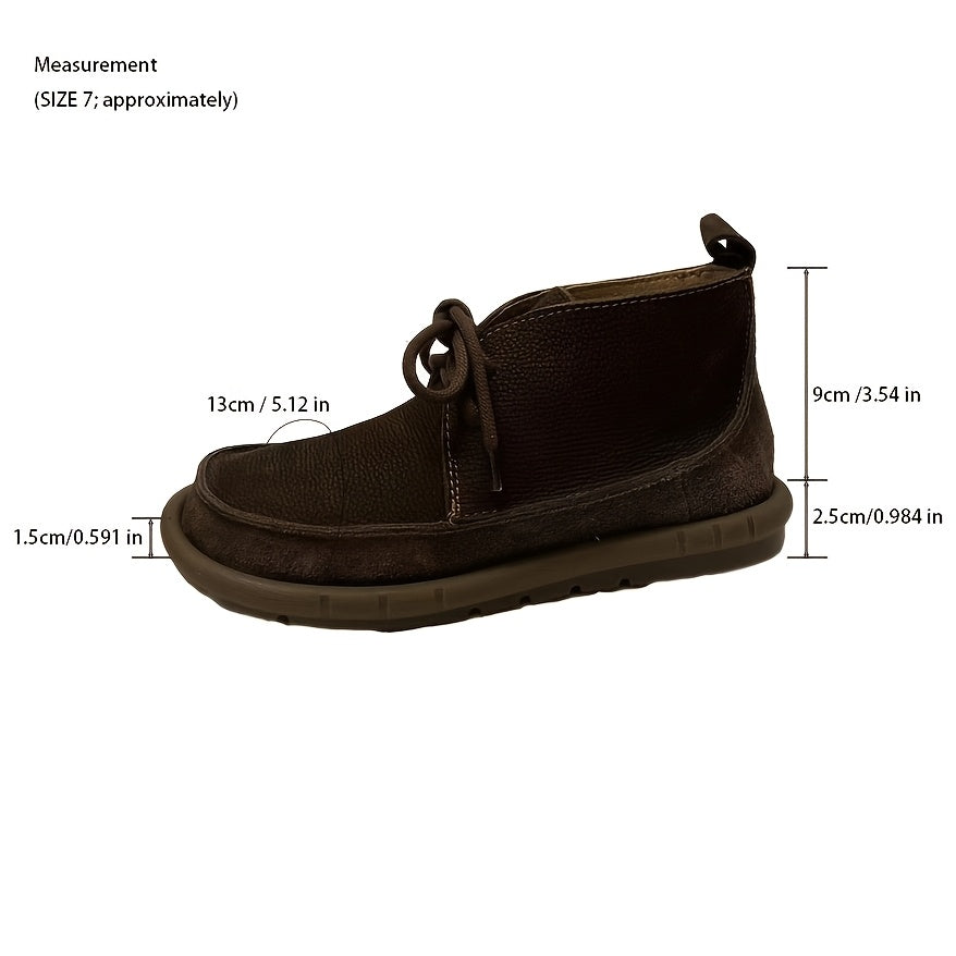 Women Cow Leather Ankle Boots Solid Color Lace-Up Flat Heel All-Season