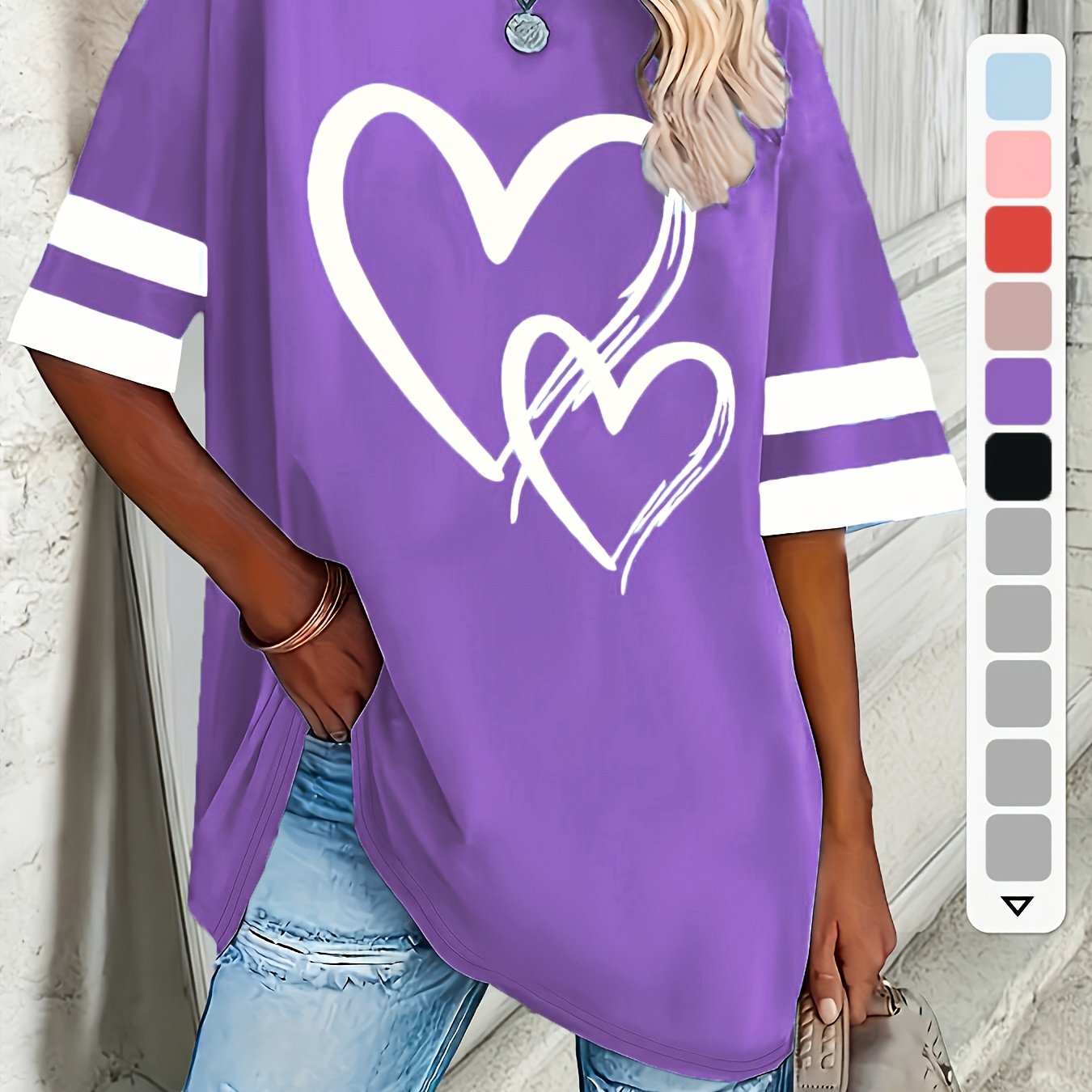 Plus Size Women's Short Sleeve T-Shirt with Heart Design Casual Pullover