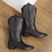 Women's Black Western Style Slip-On Cowboy Boots with Embroidery, Plus Size