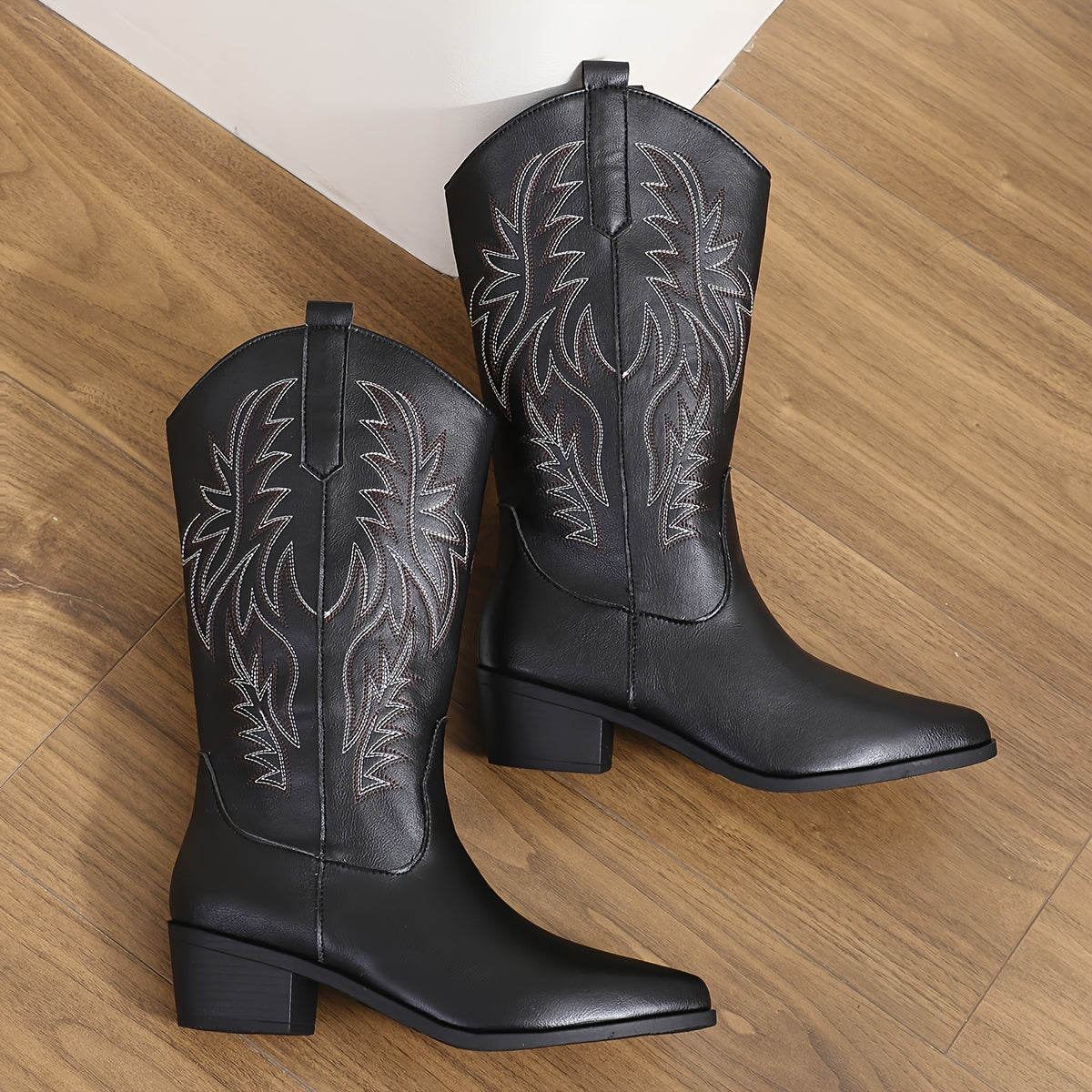 Women's Black Western Style Slip-On Cowboy Boots with Embroidery, Plus Size