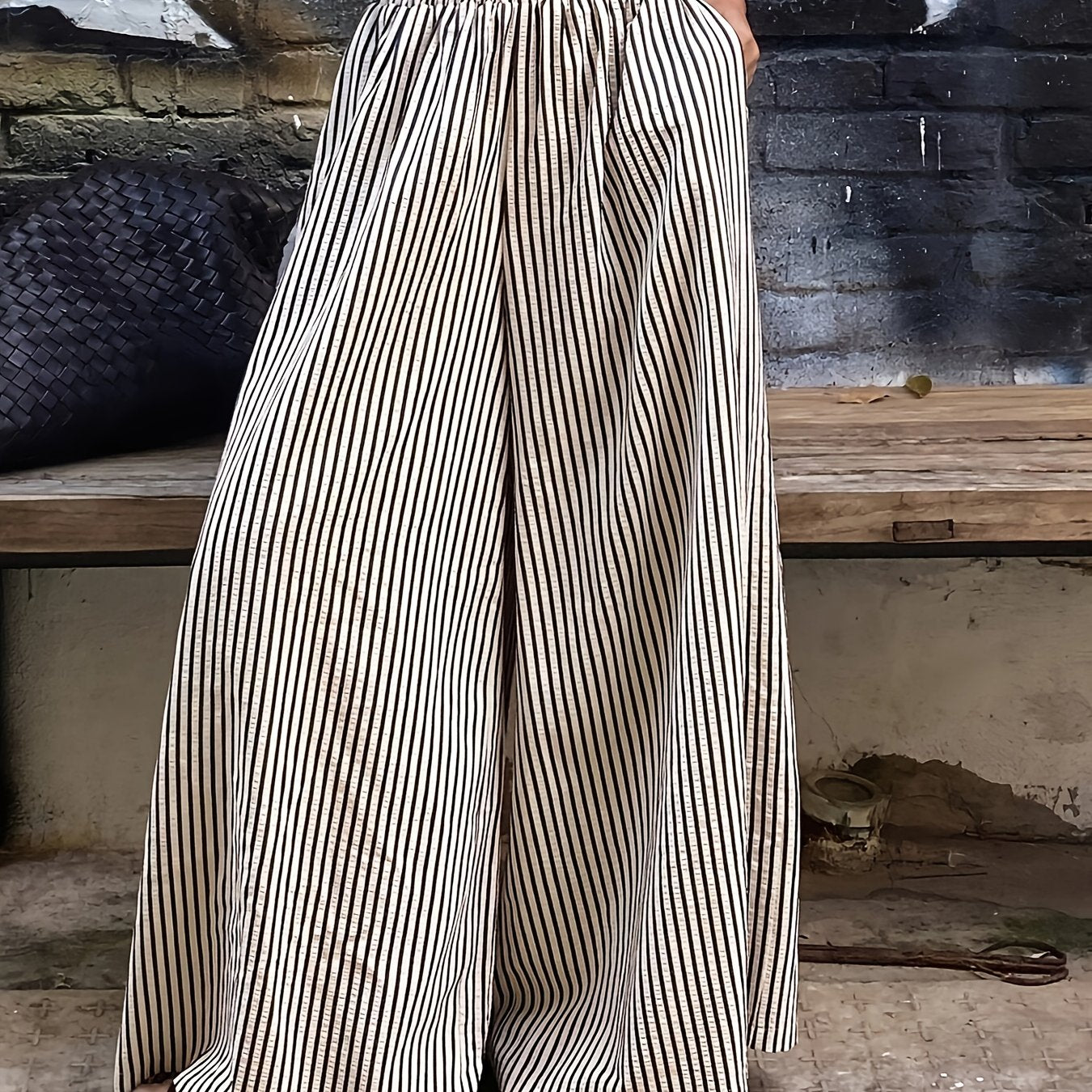 Women's Polyester Wide-Leg Pants Elastic Waist Black and White Stripes