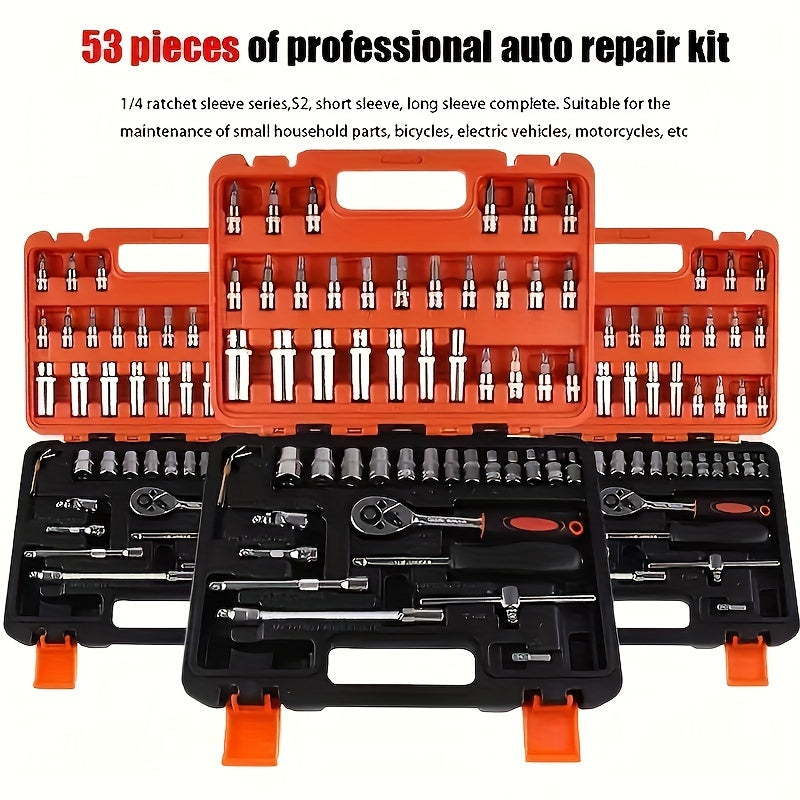 53/151 Piece Multi-Purpose Car Repair Tool Set with Metal Accessories in Red