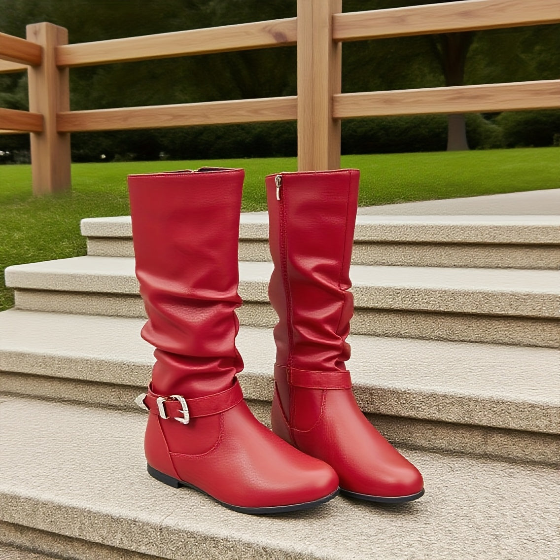 Women's Solid Color Mid-Calf Slouchy Boots with Side Zipper Buckle