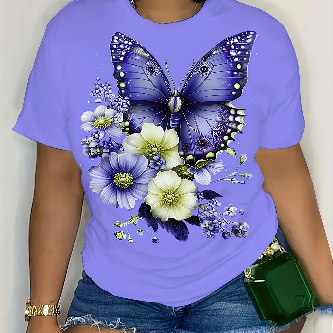 Plus Size Women Floral Print T-Shirt Crew Neck Short Sleeve Summer Top