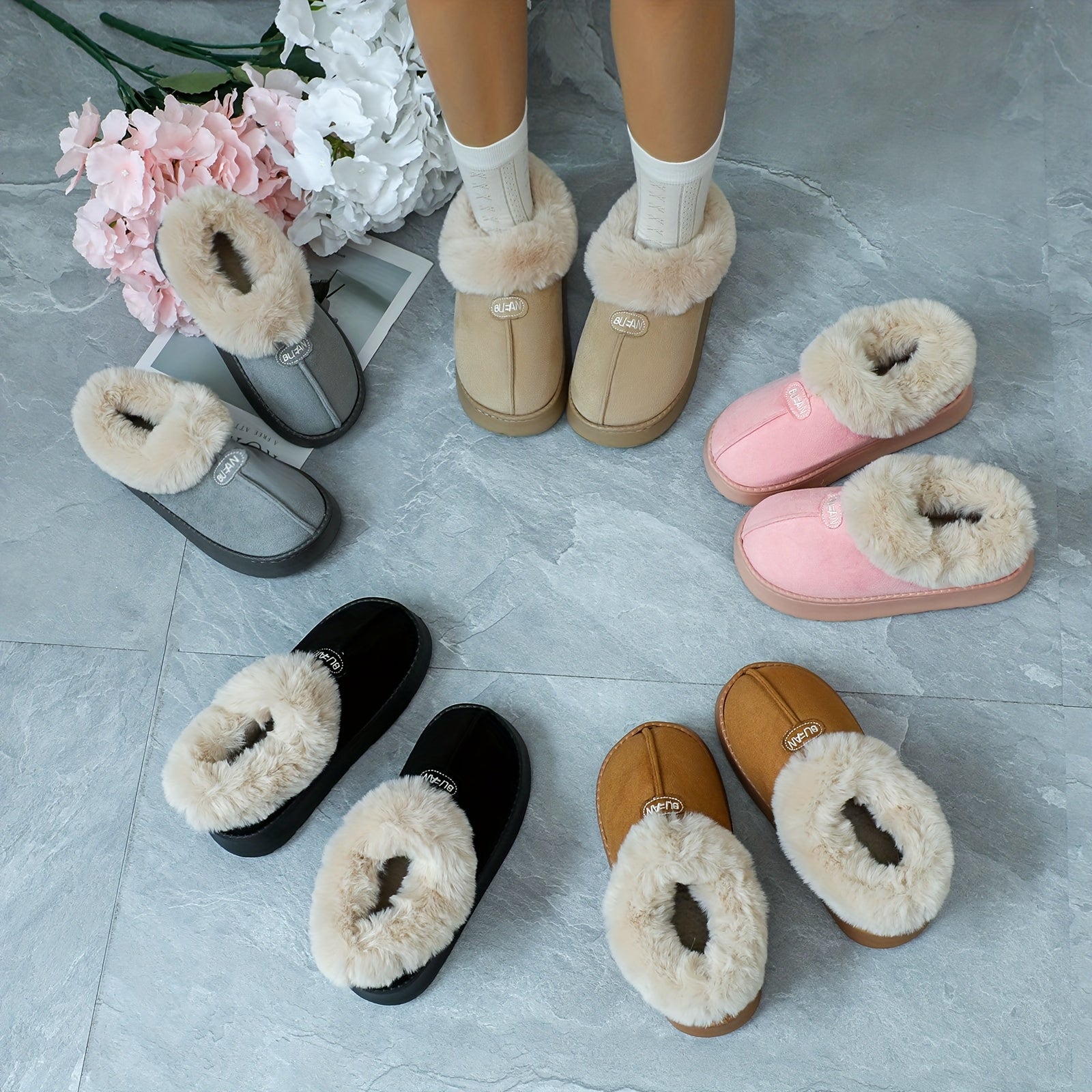 Women's EVA Snow Boots Slippers Indoor Warm Plush Thick Sole Gray Khaki Brown Pink