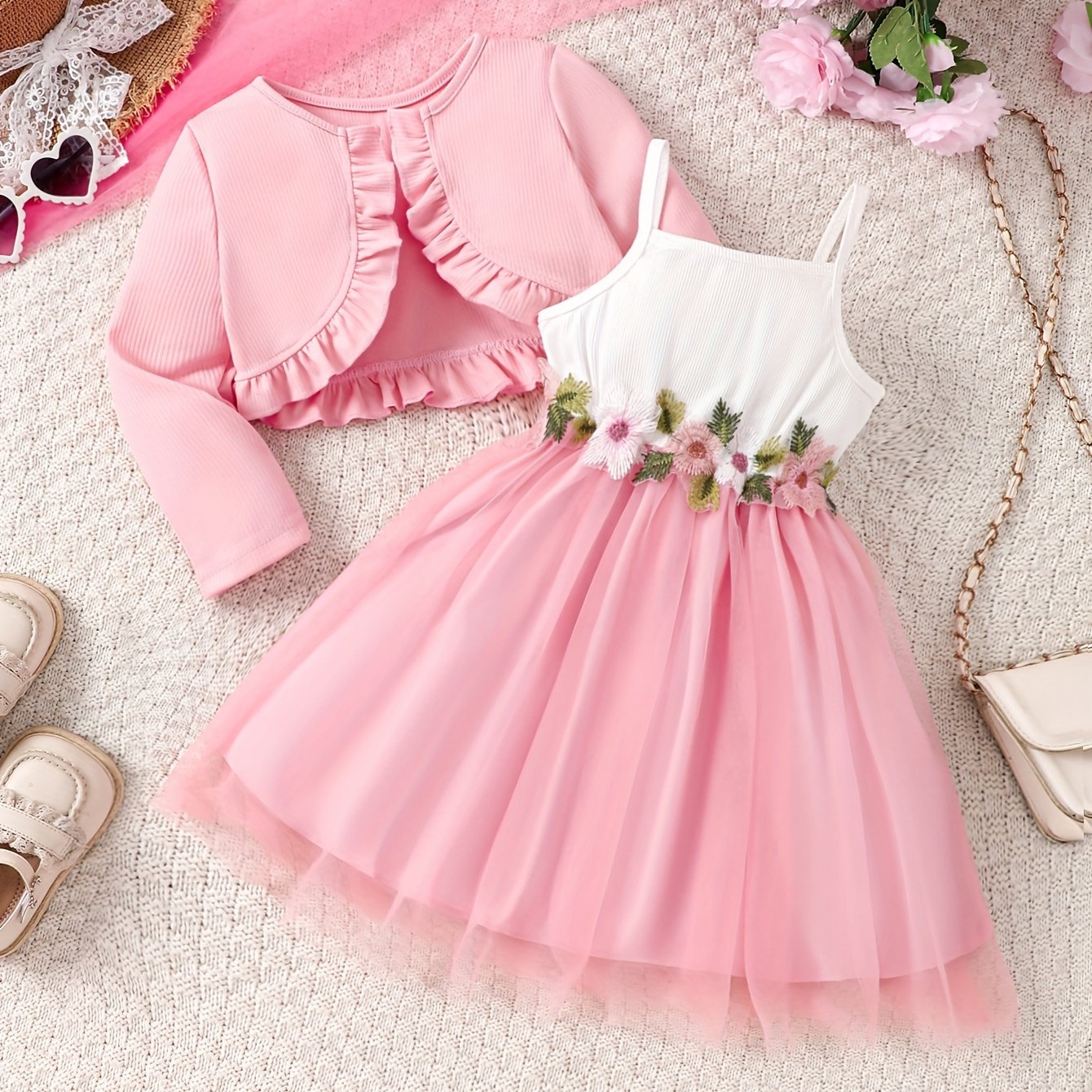 Girls Ruffle Cardigan and Embroidered Mesh Princess Dress Set for Spring Fall