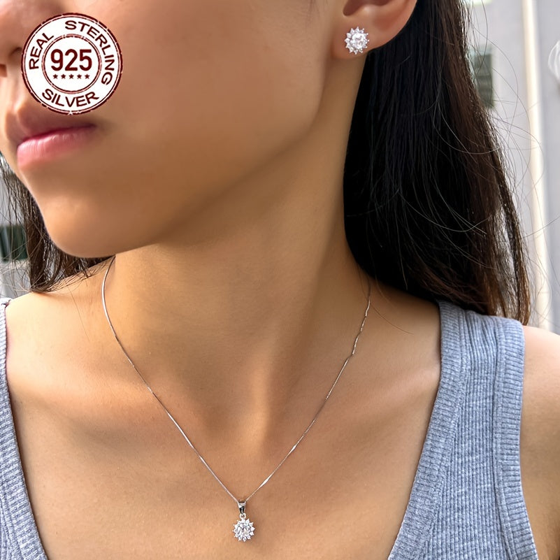 Sterling Silver Sunflower Jewelry Set with Cubic Zirconia Earrings and Pendant