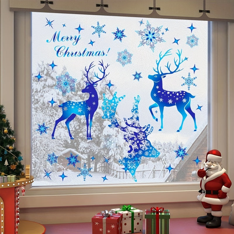 Christmas Window Decorations Set 5 Pieces Blue Snowflake and Deer Stickers Removable