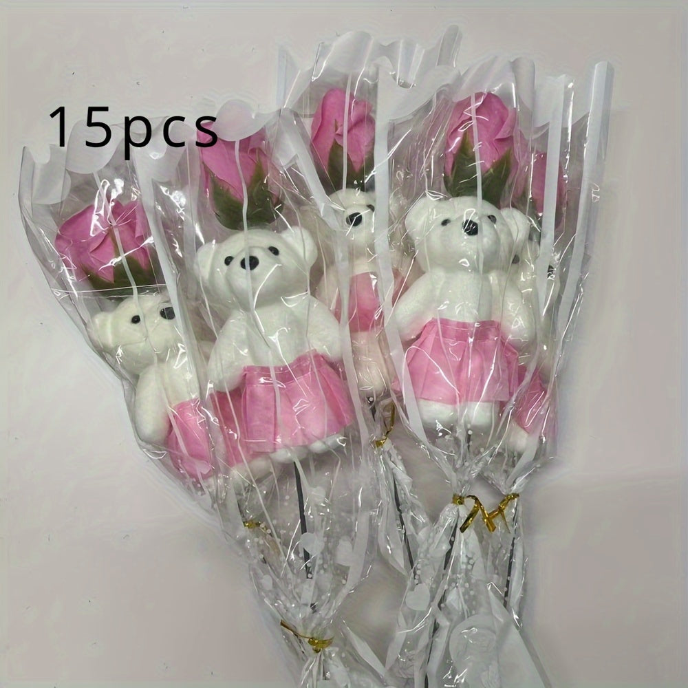 15 Artificial Rose Bouquets with Plush Bears for Birthdays Weddings and Home Decor