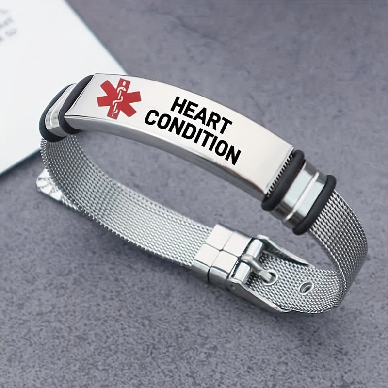 Adult Stainless Steel Medical Alert Bracelet Adjustable with Red Caduceus