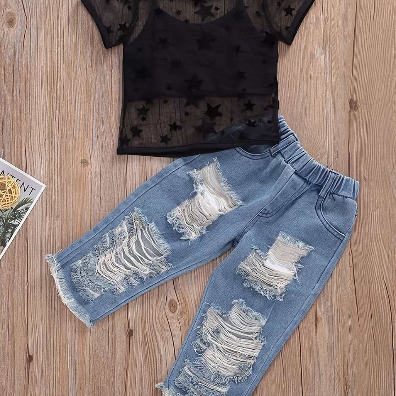 Girls Summer Set with Cropped Cami Top Mesh Star Print T-Shirt Ripped Denim Jeans