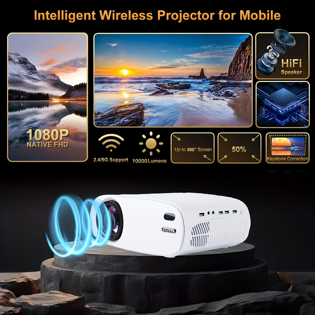 Wireless HD 1080P Projector for Mobile Phone, 10000 Lumens, Big Screen
