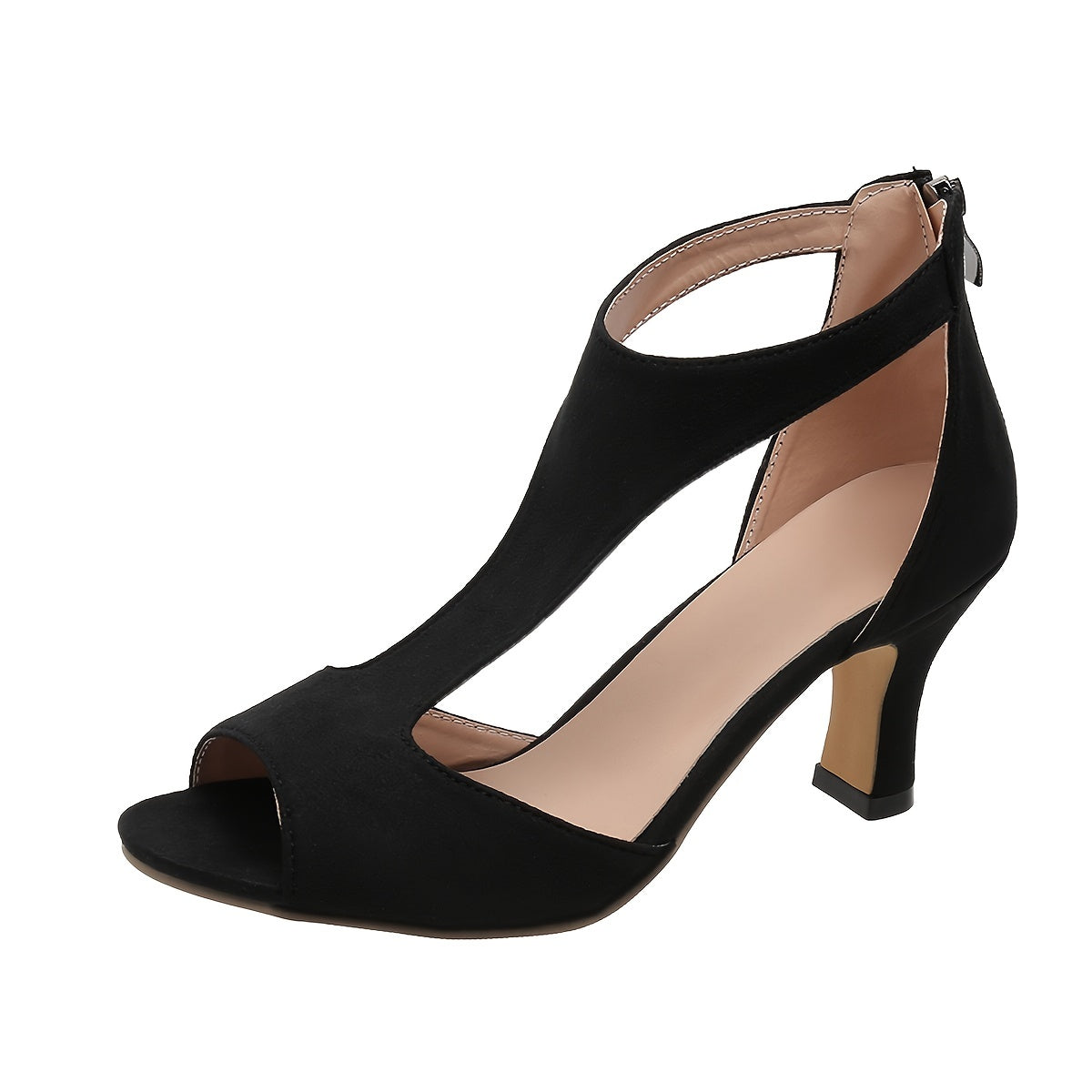 Women's Black Peep Toe T-Strap High Heels with Chunky Heel and Back Zipper