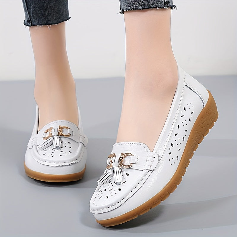 Women's Hollow Out Leather Loafers Flat Slip-On Shoes for Breathability