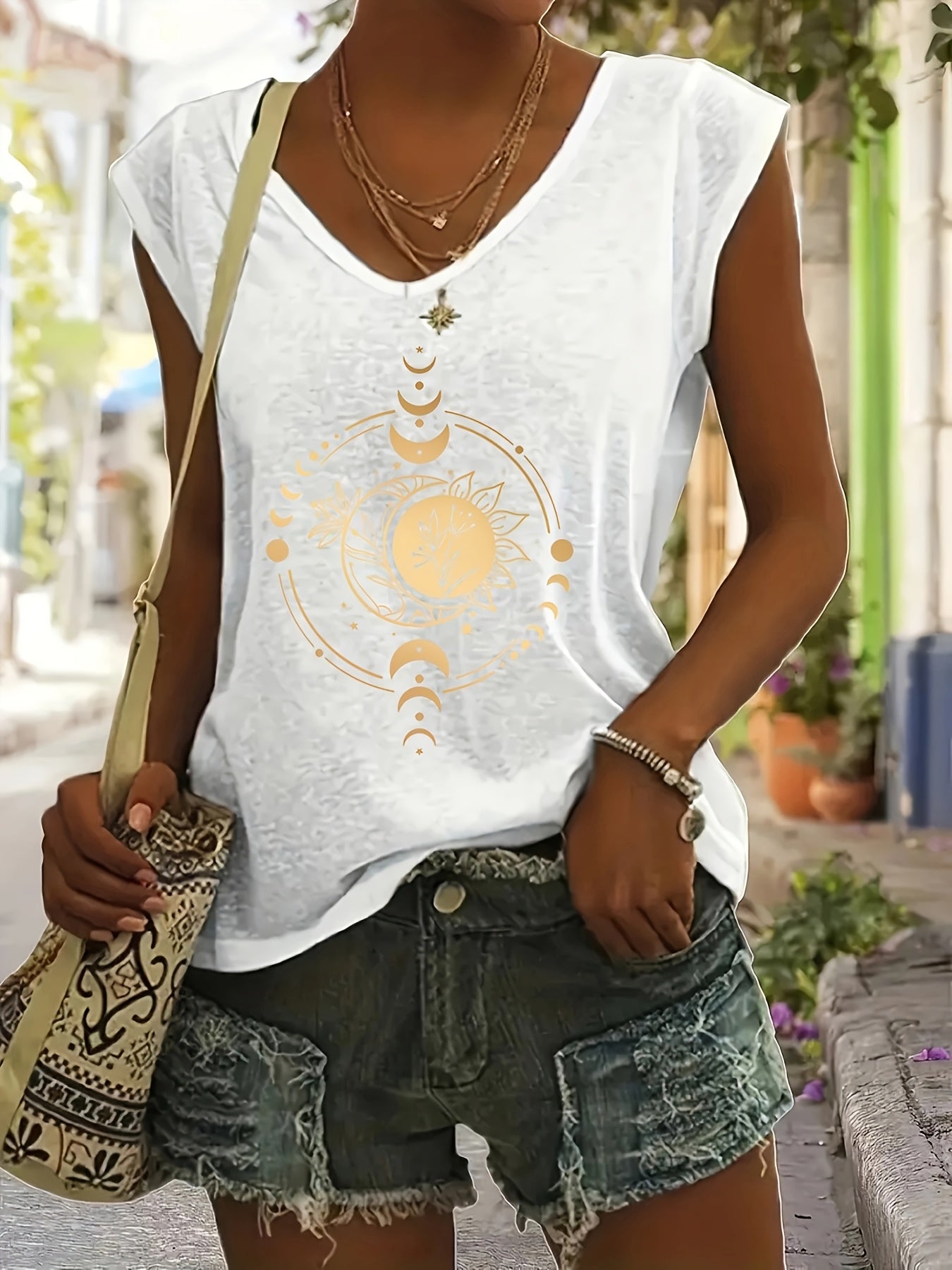 Women's V-Neck T-Shirts 2 Pack Short Sleeve Casual Tops Sun Moon Graphic White Black