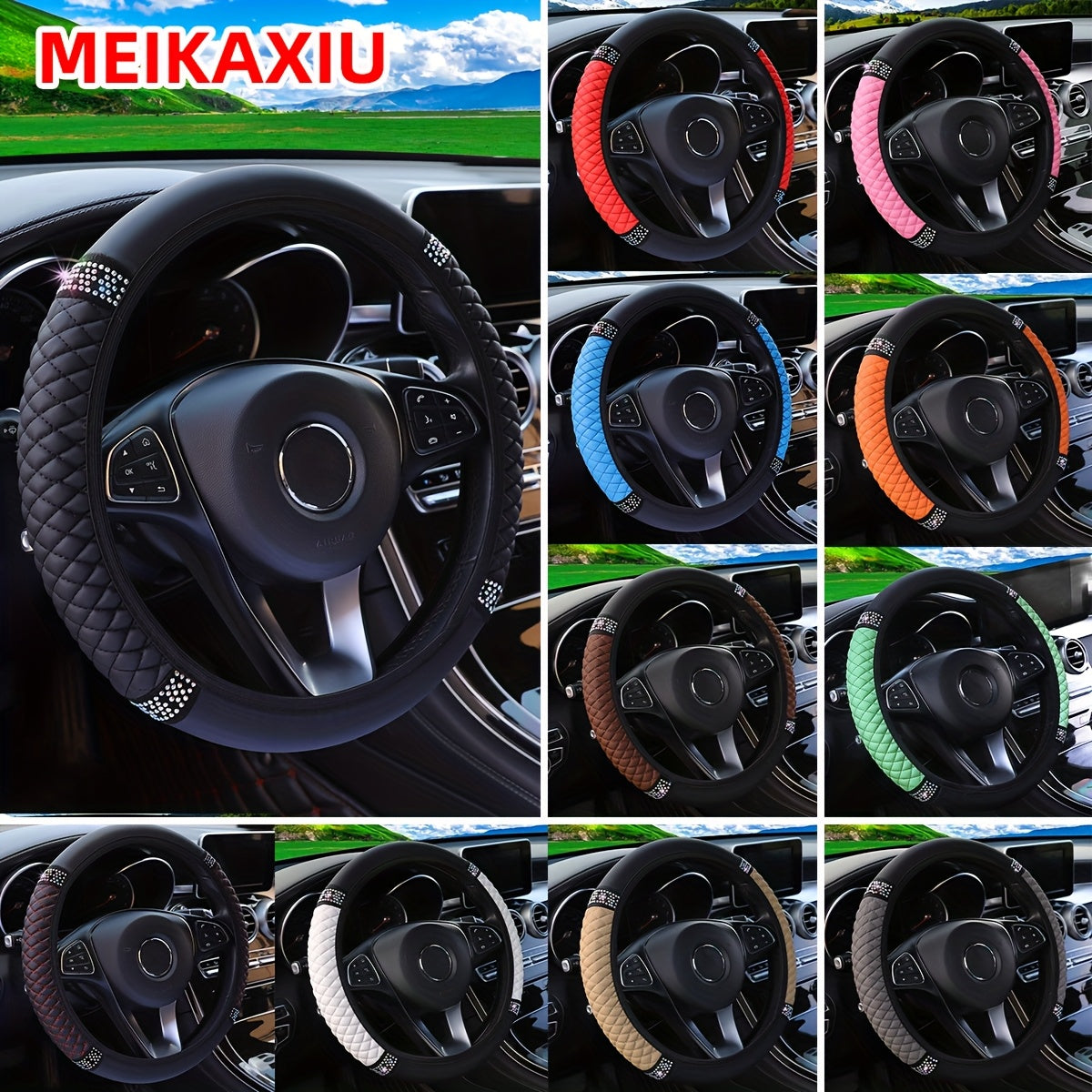 Ayollar uchun porloq rhinestone PU charm bilan qoplangan g'ildirak qopqog'i, qora, 36.8-38.1cm