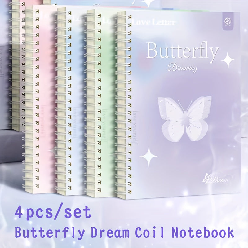Set of 4 A5 Butterfly Dream Coil Notebooks with Wide Ruled Pages and Lay-Flat Design