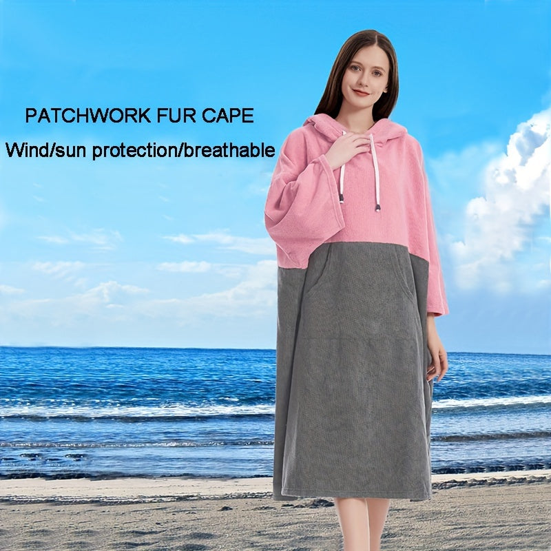 Color Blocking Hooded Changing Towel with Large Pocket for Beach and Pool