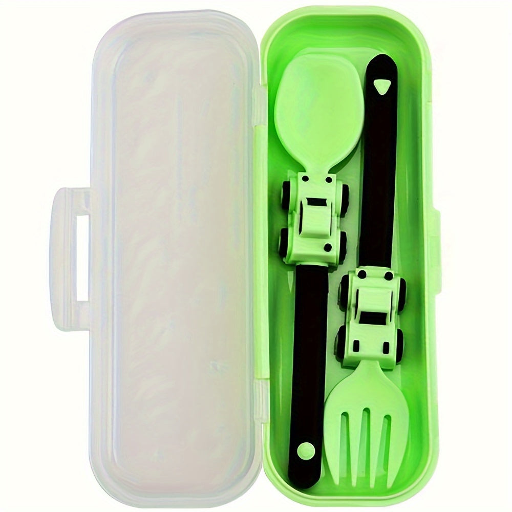 Kids' Cartoon Truck Fork and Spoon Set Non-Toxic Easy-Hold Feeding Utensils in Various Colors