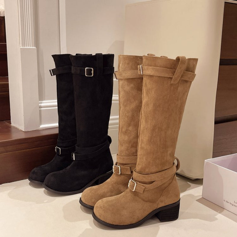 Women's Black Over-the-Knee Riding Boots with Chunky Heel and Buckle Strap