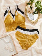 Women's Lace Contrast Lingerie Sets with Wireless Bras and Bow Tie Panties