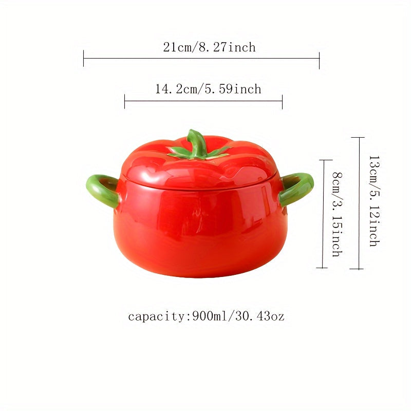 Gran cuenco de cerámica en forma de tomate para sopa y ensalada con tapa, apto para lavavajillas