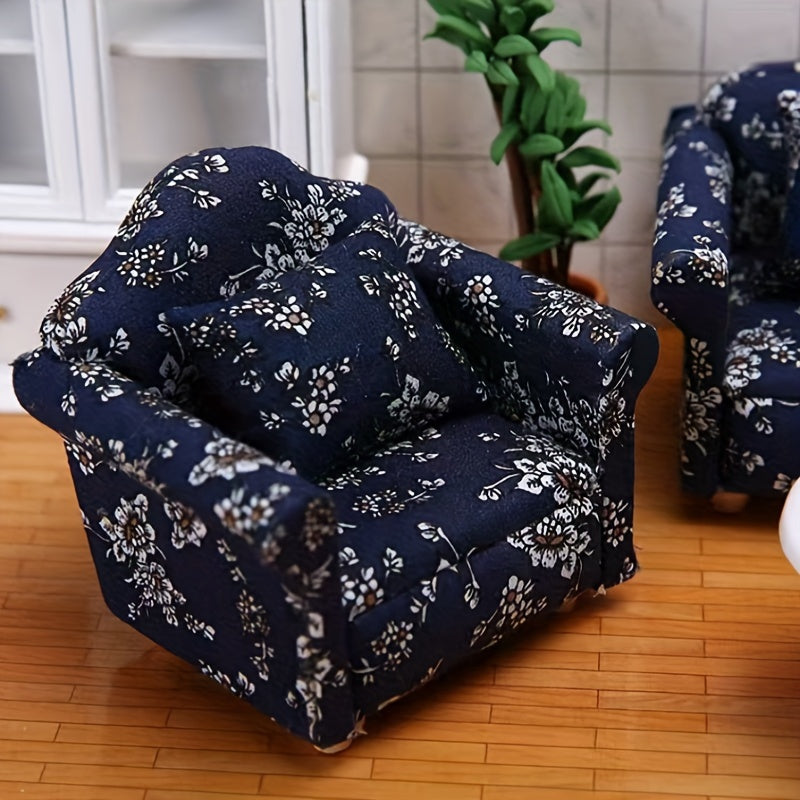 Small Blue Floral Wooden Sofa, Handmade Pocket Furniture for Relaxation