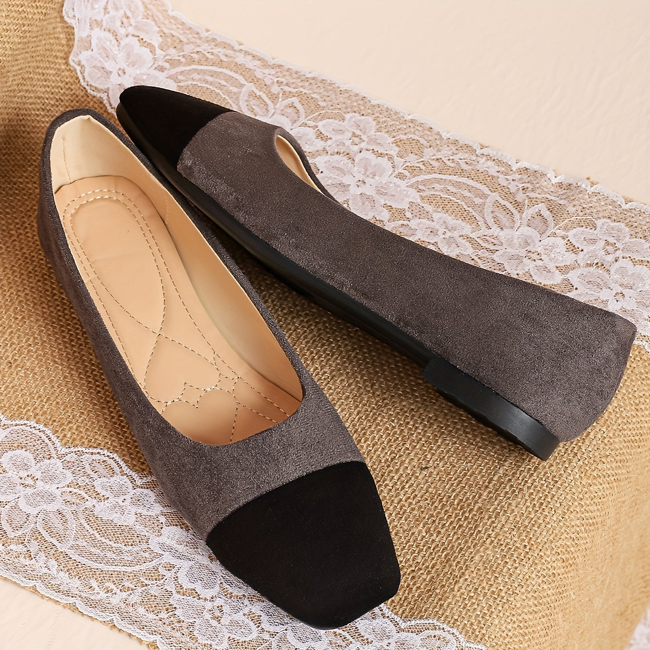 Women's Colorblock Slip-On Flats Large Size Comfortable Square Toe Shoes