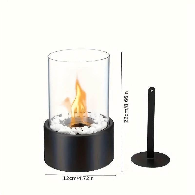 Portable Stainless Steel Tabletop Fireplace with White Stones and Windproof Glass