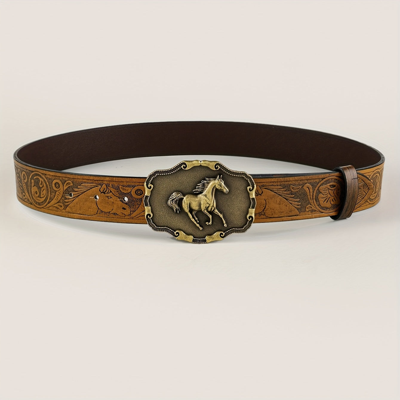 Western-Style Leather Belts for Men and Women Carved Buckle Embossed Solid Colors