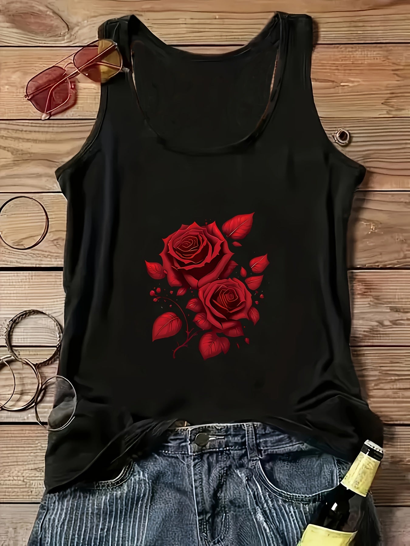 Топ без рукавов и с открытыми плечами для женщин больших размеров, черный с принтом красной розы, летняя пляжная майка
