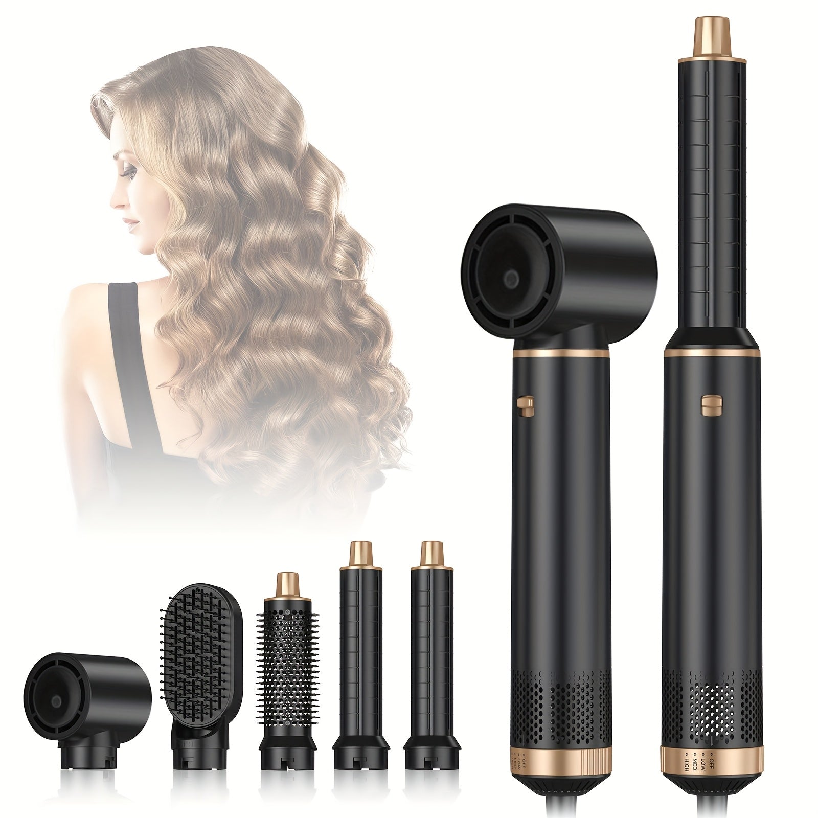 2024 5-in-1 Hot Air Brush 800W Hair Styling Tool with Detachable Dryer Diffuser Curling Wand Straightener and Nozzle