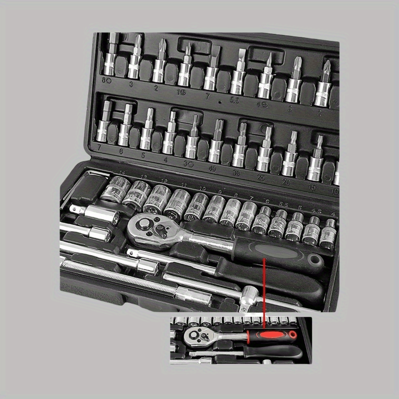 46-Piece Car Repair Tools Kit Carbon Steel Socket Wrench Set with Metal Toolbox for DIY and Machinists
