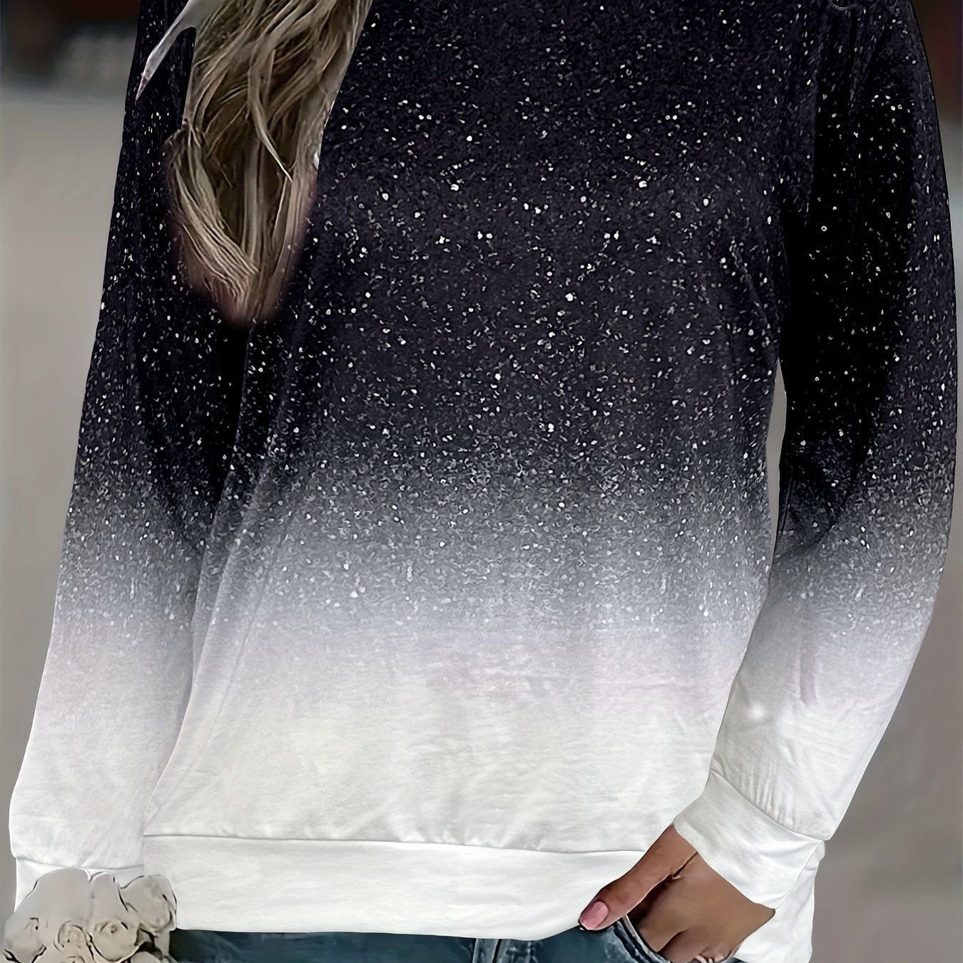 Sudadera de manga larga con estampado ombré de purpurina para mujer talla grande