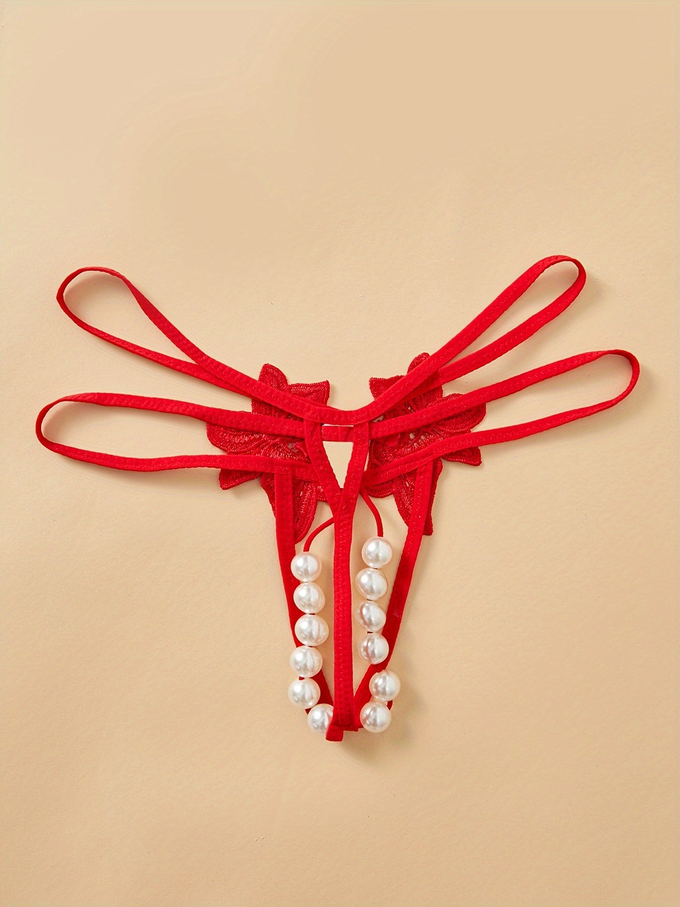 Women's Floral Applique Thongs with Faux Pearl Accents Low Waist Lingerie