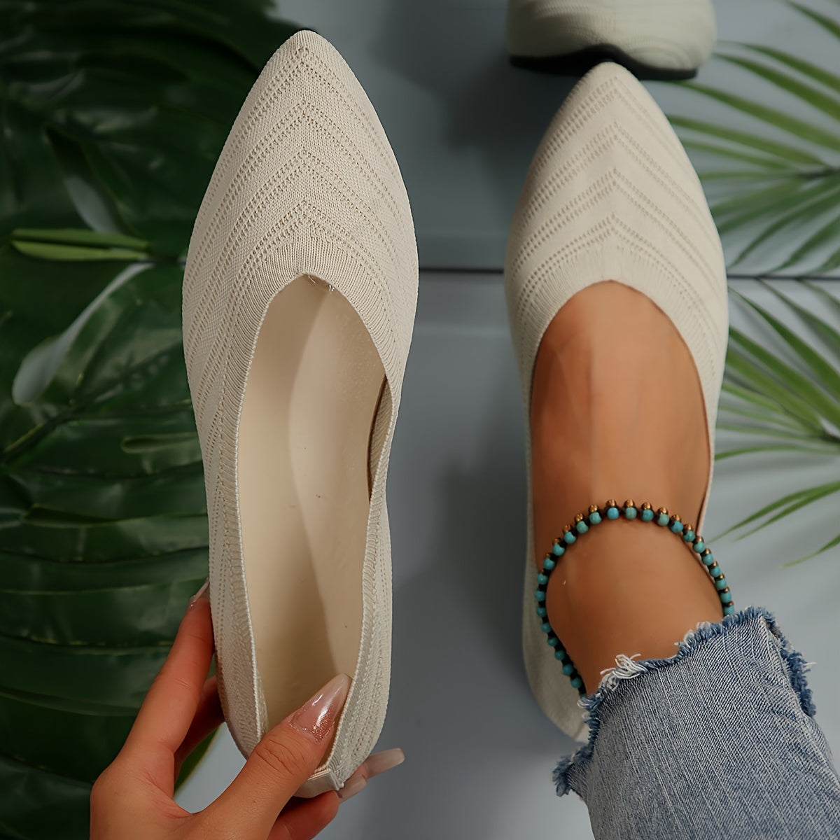 Women's Knitted Slip-On Ballet Flats with Pointed Toe Solid Color Casual All-Season