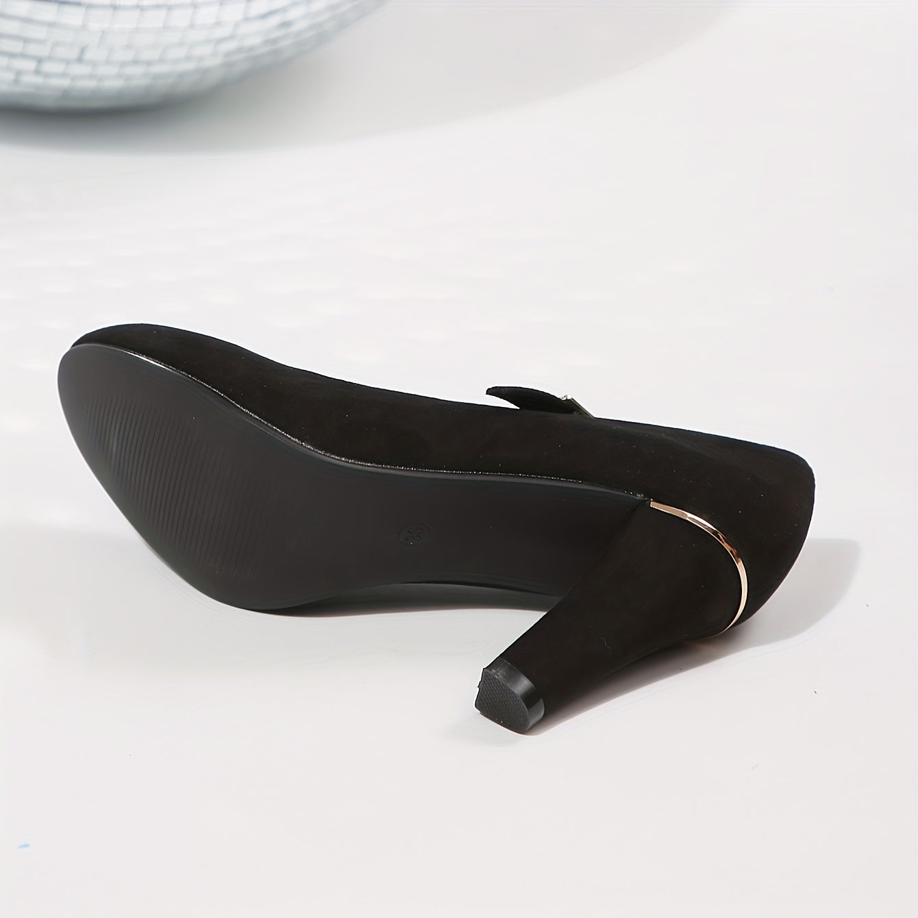 Women's Chunky Heel Pumps with Metallic Accents and Ankle Strap Black Beige