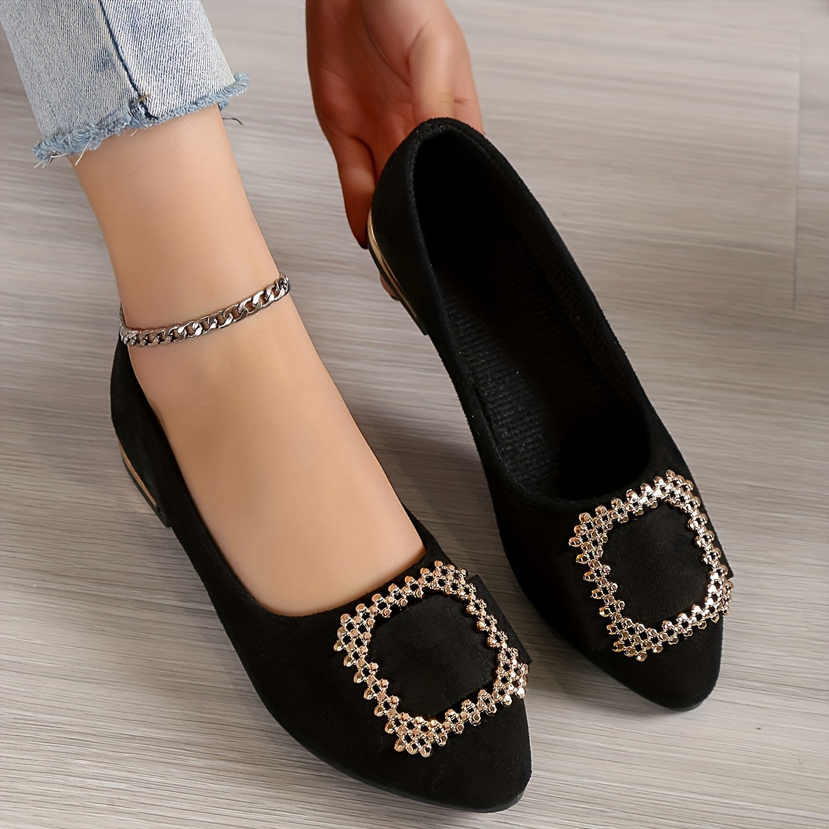 Women's Slip-On Flats with Pointed Toe Sparkling Buckle Lightweight Fabric Spring Shoes