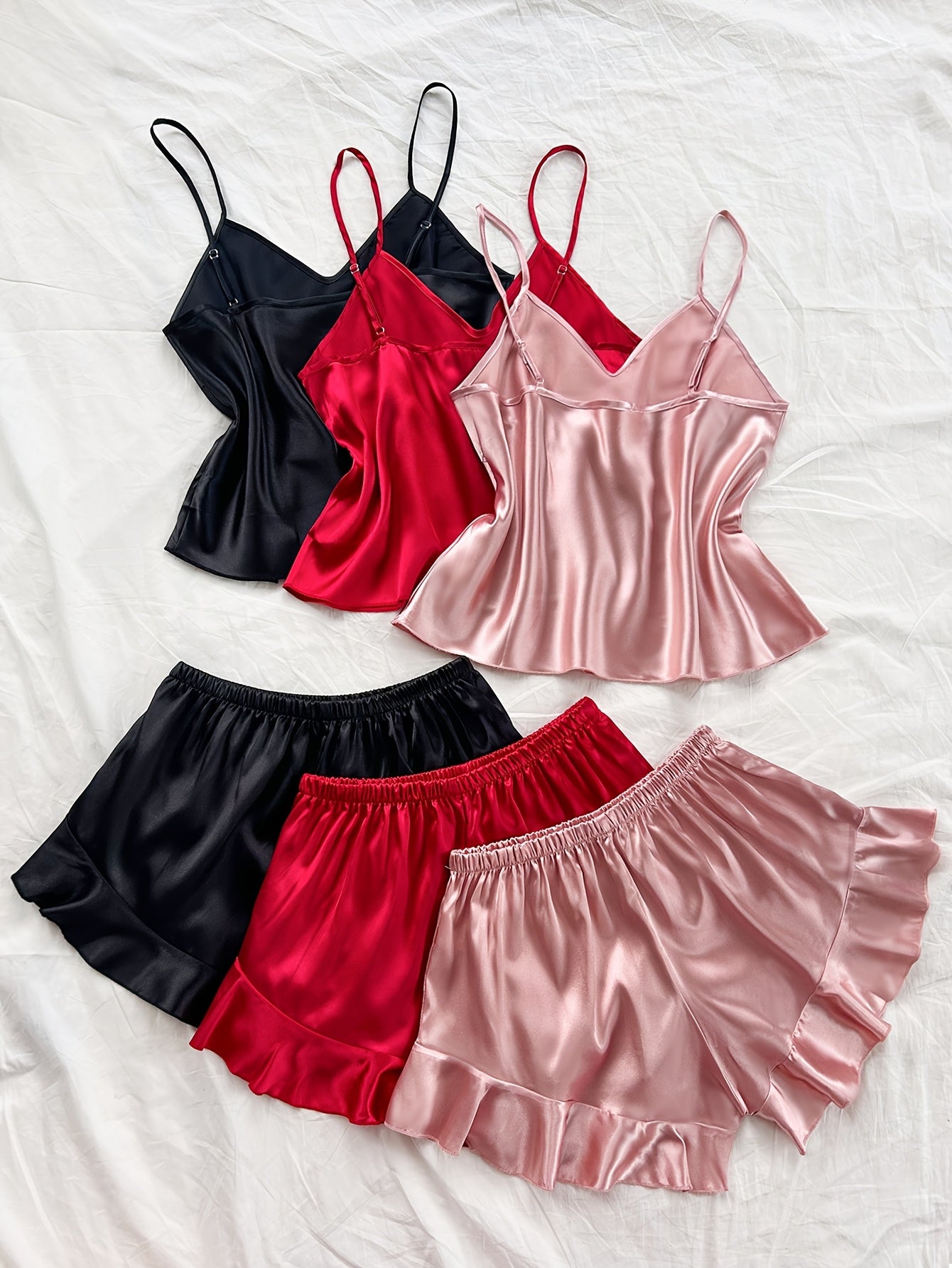 Plus Size Satin Camisole with Ruffled Shorts Sleepwear Set for Women