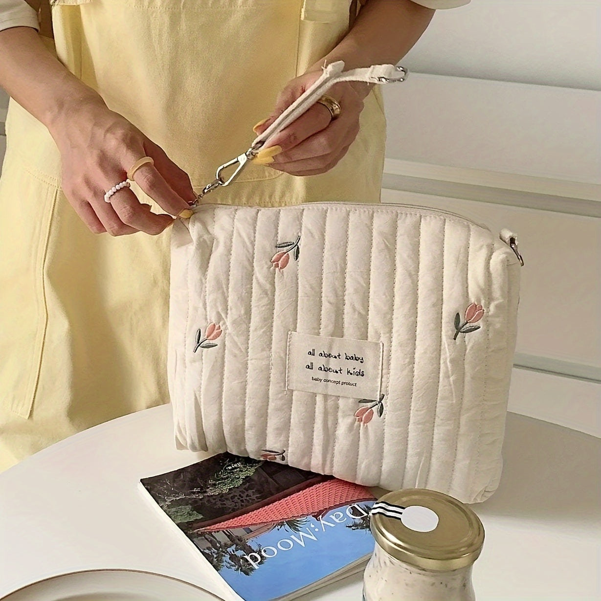 Multifunctional Quilted Diaper Bag with Embroidery for Moms and Babies